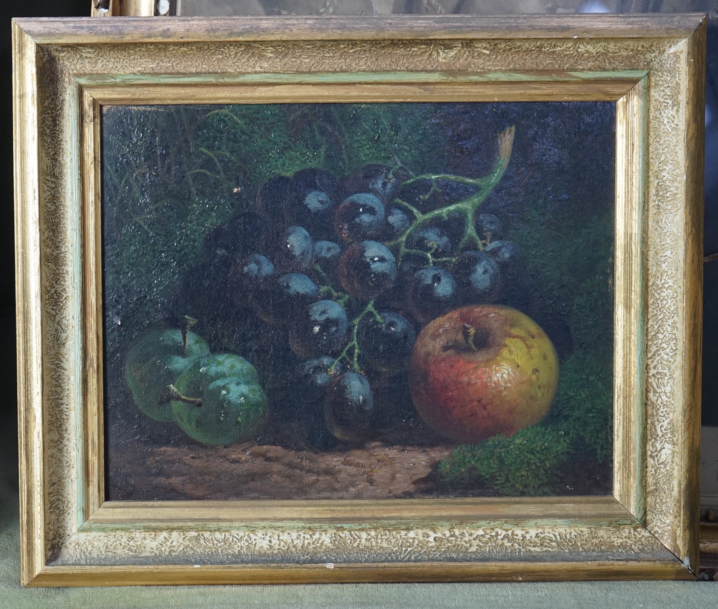 Oliver Clare (English, 1853-1927), Still life of black grapes, greengages and an apple, oil on canvas, 17 x 22cm